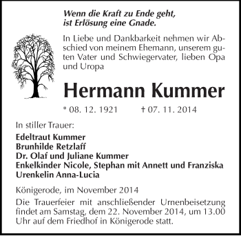 Traueranzeige von Hermann Kummer von Mitteldeutsche Zeitung