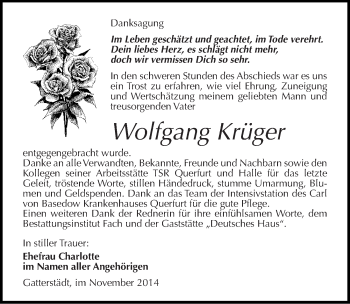 Traueranzeige von Wolfgang Krüger von Mitteldeutsche Zeitung Merseburg/Querfurt