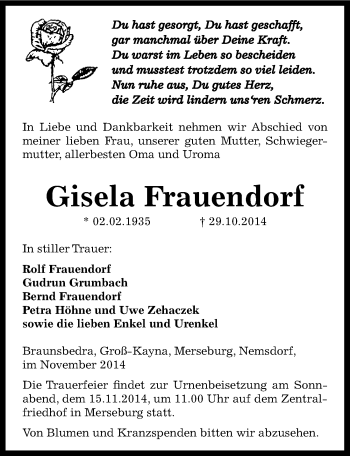 Traueranzeige von Gisela Frauendorf von Mitteldeutsche Zeitung Merseburg/Querfurt