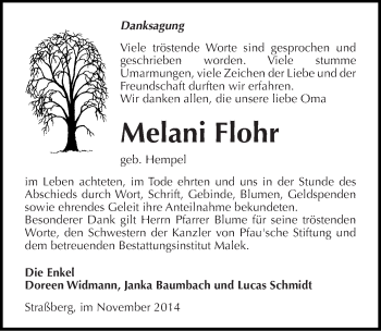 Traueranzeige von Melani Flohr von Mitteldeutsche Zeitung