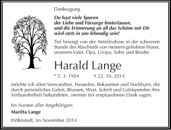Traueranzeige von Harald Lange von Mitteldeutsche Zeitung Halle/Saalkreis