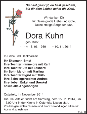 Traueranzeige von Dora Kuhn von Mitteldeutsche Zeitung Zeitz