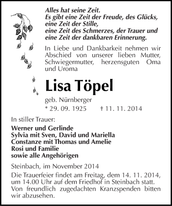Traueranzeige von Lisa Töpel von Mitteldeutsche Zeitung Naumburg/Nebra