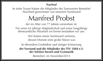 Traueranzeige von Manfred Probst von Mitteldeutsche Zeitung Mansfelder Land