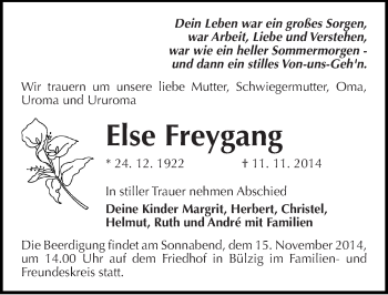 Traueranzeige von Else Freygang von Mitteldeutsche Zeitung Wittenberg