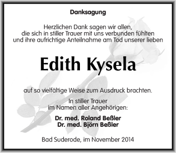 Traueranzeige von Edith Kysela von Mitteldeutsche Zeitung Quedlinburg