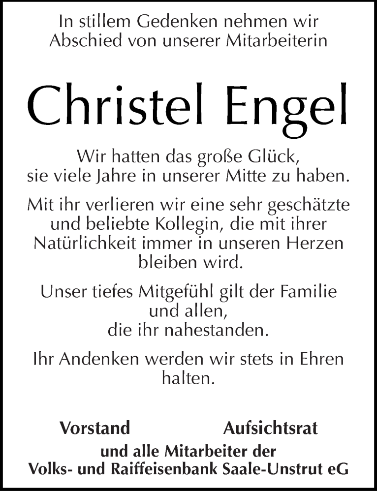  Traueranzeige für Christel Engel vom 14.11.2014 aus Mitteldeutsche Zeitung Naumburg/Nebra