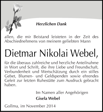 Traueranzeige von Dietmar Nikolai Webel von Mitteldeutsche Zeitung Halle/Saalkreis