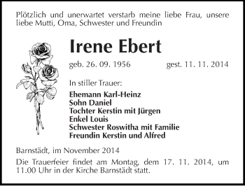 Traueranzeige von Irene Ebert von Mitteldeutsche Zeitung Merseburg/Querfurt