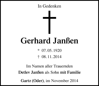 Traueranzeige von Gerhard Janßen von Mitteldeutsche Zeitung Köthen