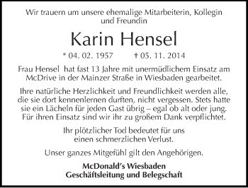 Traueranzeige von Karin Hensel von Mitteldeutsche Zeitung Wittenberg