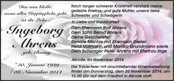 Traueranzeige von Ingeborg Ahrens von Mitteldeutsche Zeitung Quedlinburg