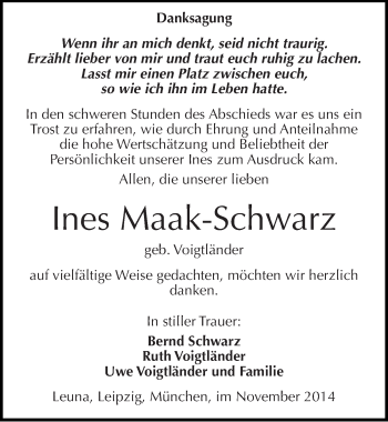 Traueranzeige von Ines Maak-Schwarz von Mitteldeutsche Zeitung