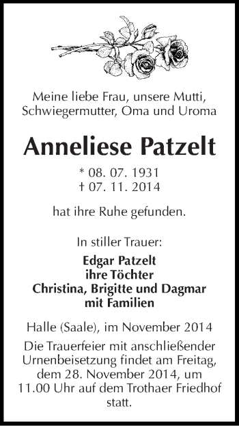 Traueranzeige von Anneliese Patzelt von Mitteldeutsche Zeitung Halle/Saalkreis