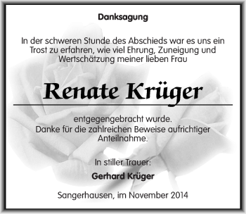 Traueranzeige von Renate Krüger von Mitteldeutsche Zeitung Sangerhausen