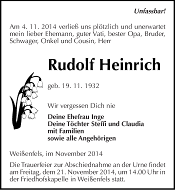 Traueranzeige von Rudolf Heinrich von Mitteldeutsche Zeitung