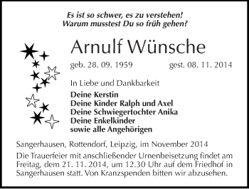 Traueranzeige von Arnulf Wünsche von Mitteldeutsche Zeitung Sangerhausen