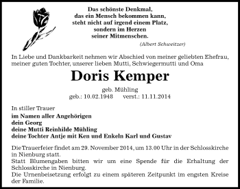 Traueranzeige von Doris Kemper von Mitteldeutsche Zeitung Bernburg