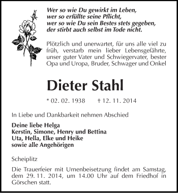 Traueranzeige von Dieter Stahl von Mitteldeutsche Zeitung Naumburg/Nebra