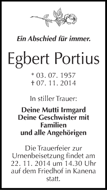 Traueranzeige von Egbert Portius von Mitteldeutsche Zeitung Halle/Saalkreis