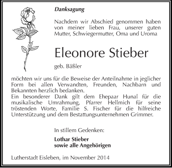 Traueranzeige von Eleonore Stieber von Mitteldeutsche Zeitung Mansfelder Land