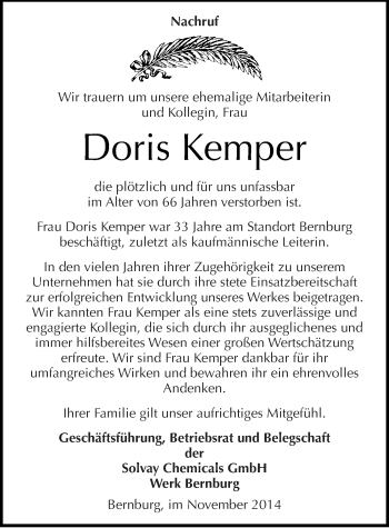 Traueranzeige von Doris Kemper von Mitteldeutsche Zeitung Bernburg