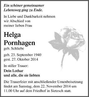Traueranzeige von Helga Pornhagen von Mitteldeutsche Zeitung Halle/Saalkreis