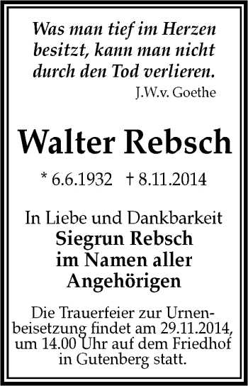 Traueranzeige von Walter Rebsch von Mitteldeutsche Zeitung Halle/Saalkreis