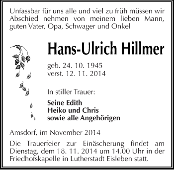 Traueranzeige von Hans-Ulrich Hillmer von Mitteldeutsche Zeitung Mansfelder Land