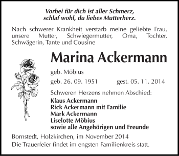 Traueranzeige von Marina Ackermann von Mitteldeutsche Zeitung Mansfelder Land
