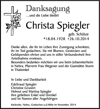 Traueranzeige von Christa Spiegler von Mitteldeutsche Zeitung Naumburg/Nebra