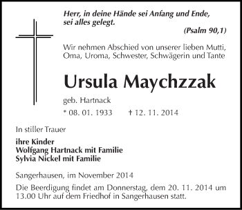 Traueranzeige von Ursula Maychzzak von Mitteldeutsche Zeitung