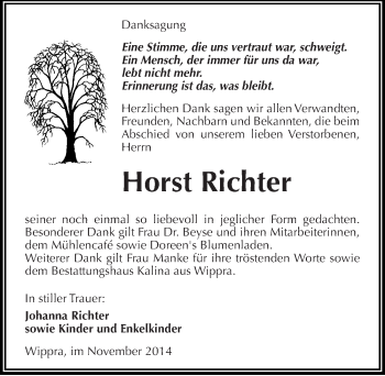 Traueranzeige von Horst Richter von Mitteldeutsche Zeitung Mansfelder Land
