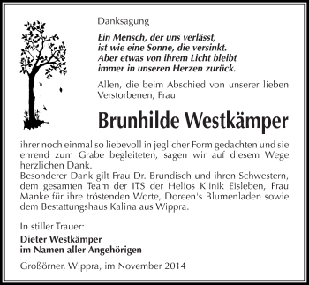 Traueranzeige von Brunhilde Westkämper von Mitteldeutsche Zeitung Mansfelder Land