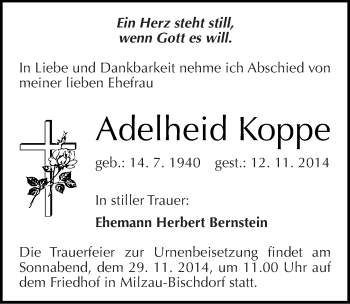 Traueranzeige von Adelheid Koppe von Mitteldeutsche Zeitung Merseburg/Querfurt