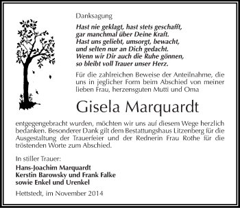 Traueranzeige von Gisela Marquardt von Mitteldeutsche Zeitung Mansfelder Land