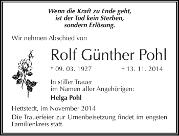 Traueranzeige von Rolf Günther Pohl von Mitteldeutsche Zeitung Mansfelder Land