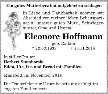 Traueranzeige von Eleonore Hoffmann von Mitteldeutsche Zeitung Mansfelder Land