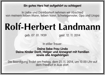 Traueranzeige von Rolf-Herbert Landmann von Mitteldeutsche Zeitung Naumburg/Nebra