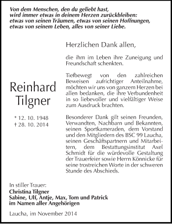 Traueranzeige von Reinhard Tilgner von Mitteldeutsche Zeitung Naumburg/Nebra