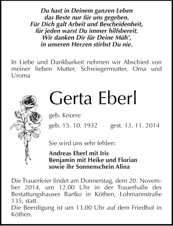 Traueranzeige von Gerta Eberl von Mitteldeutsche Zeitung