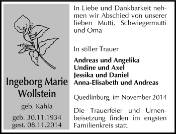 Traueranzeige von Ingeborg Marie Wollstein von Mitteldeutsche Zeitung Quedlinburg