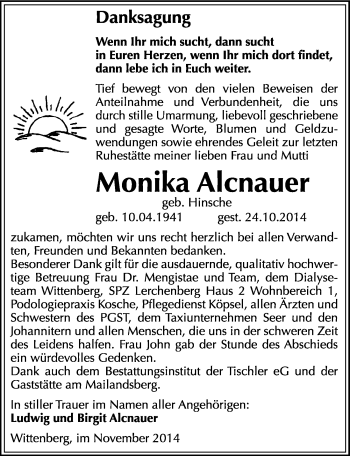 Traueranzeige von Monika Alcnauer von Mitteldeutsche Zeitung Wittenberg