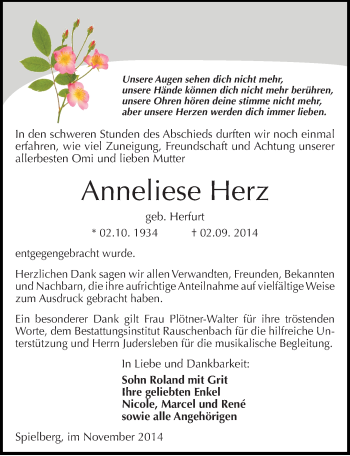 Traueranzeige von Anneliese Herz von Mitteldeutsche Zeitung Naumburg/Nebra