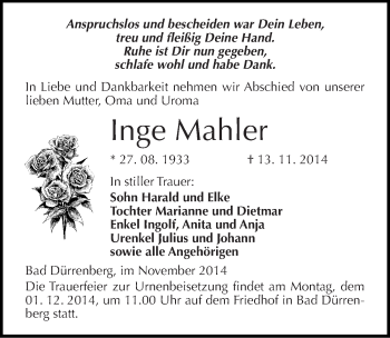Traueranzeige von Inge Mahler von Mitteldeutsche Zeitung
