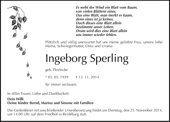Traueranzeige von Ingeborg Sperling von Mitteldeutsche Zeitung Halle/Saalkreis