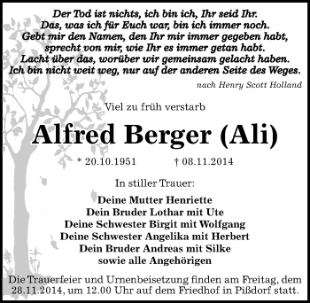 Traueranzeige von Alfred Berger von Mitteldeutsche Zeitung Köthen