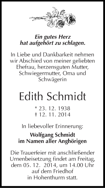 Traueranzeige von Edith Schmidt von Mitteldeutsche Zeitung Halle/Saalkreis