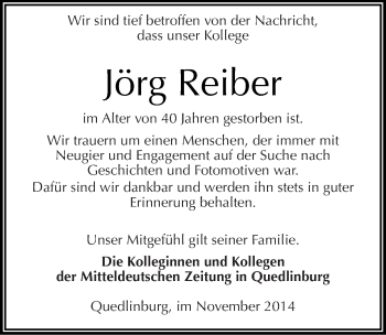 Traueranzeige von Jörg Reiber von Mitteldeutsche Zeitung Quedlinburg