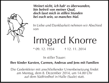 Traueranzeige von Irmgard Knorre von Mitteldeutsche Zeitung Halle/Saalkreis